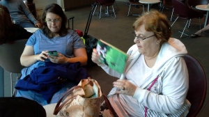 Wendy & Anne waiting for theflight to Chch later this afternoon